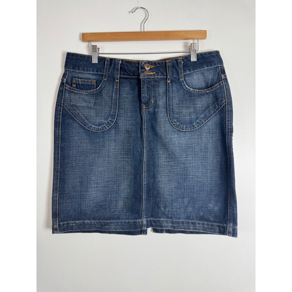 Y2K l.e.i. Womens 13 Denim Mini‎ Skirt Dark Wash Crosshatch Pockets 3M83872L